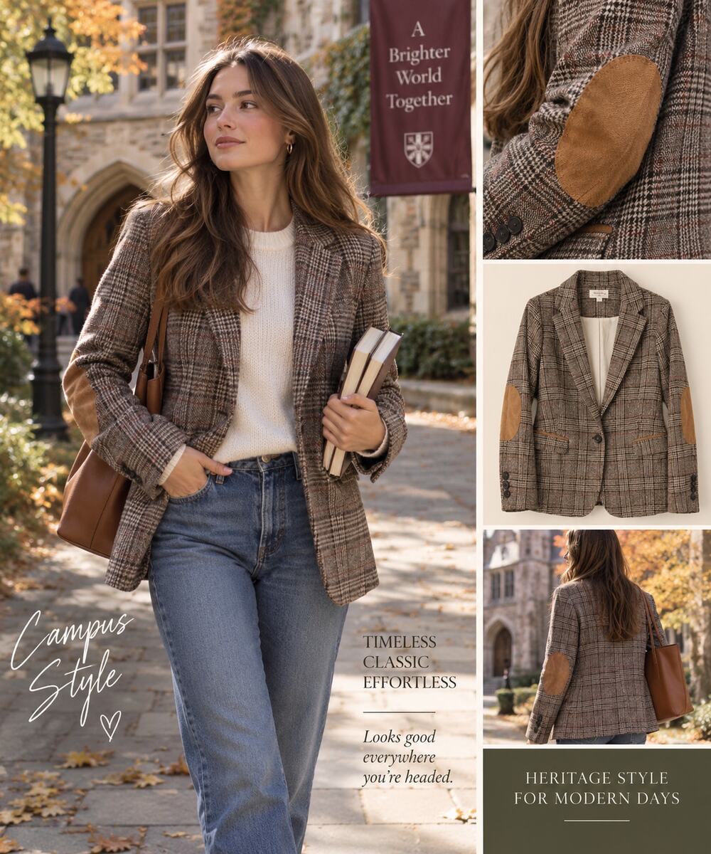 Hem & Thread Plaid Blazer Womens S Brown Tan Elbow Patch Equestrian Academia